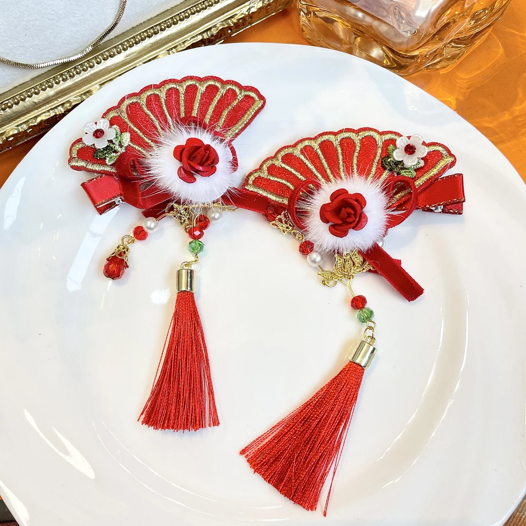 刺绣毛球花扇中国风儿童蝴蝶结发夹子新年头饰宝宝女童发饰A2159