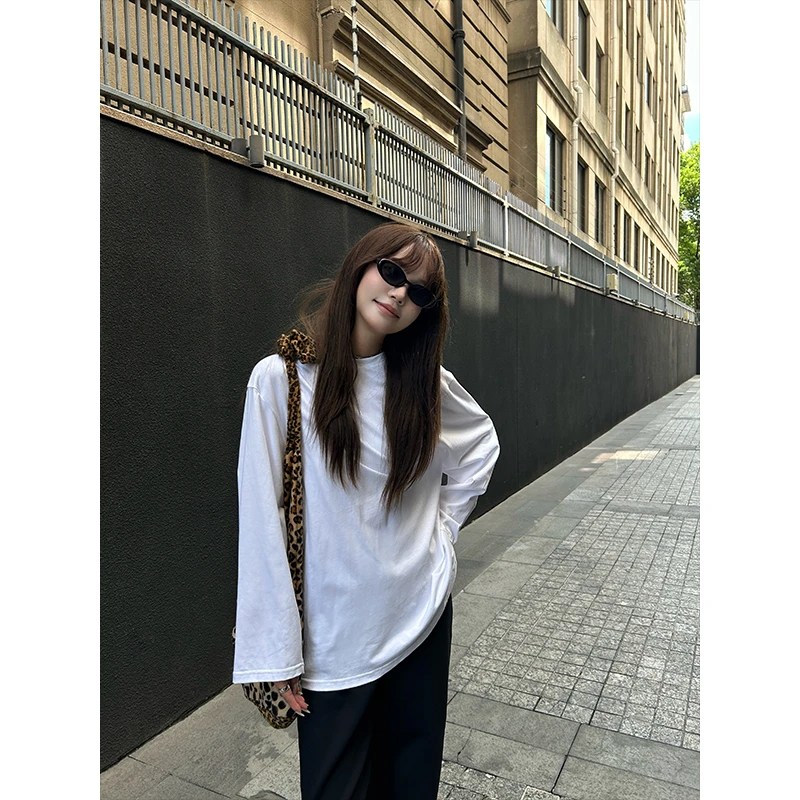 D YANGJUN基础长袖t恤女2024新款纯色大版休闲纯色圆领打底衫上衣