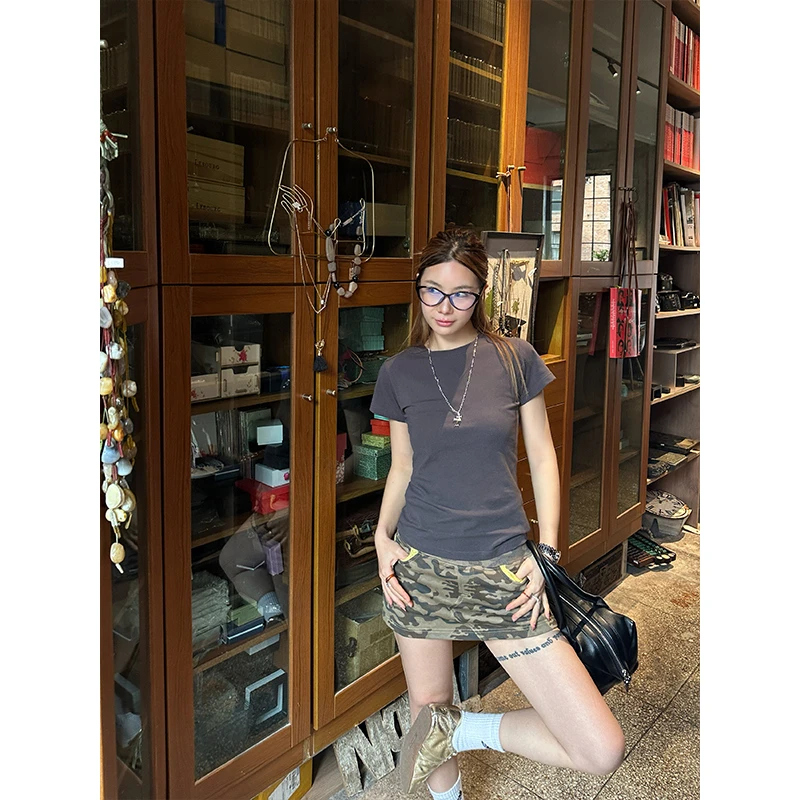 D YANGJUN 半身裙女2024新款夏季新款迷彩高腰短款短裙包臀裙裙子