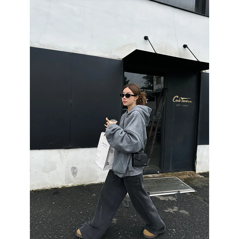 D YANGJUN 美式拉链卫衣女春秋季新款纯灰色宽松连帽长袖外套上衣