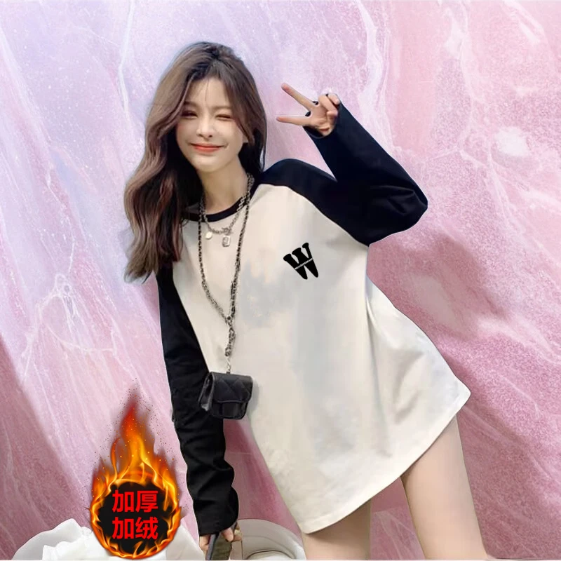韩版黑白拼接加绒加厚中长款潮t打底衫秋冬长袖圆领百搭宽松上衣