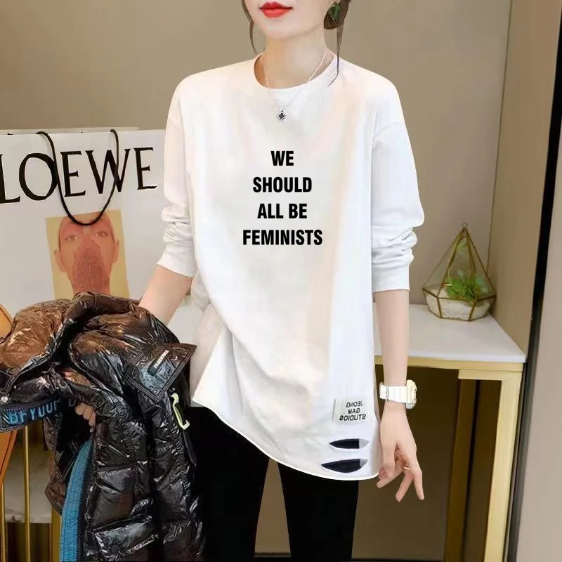 2023新款纯棉打底衫女内搭长袖秋装中长款破洞遮屁股t恤上衣服潮