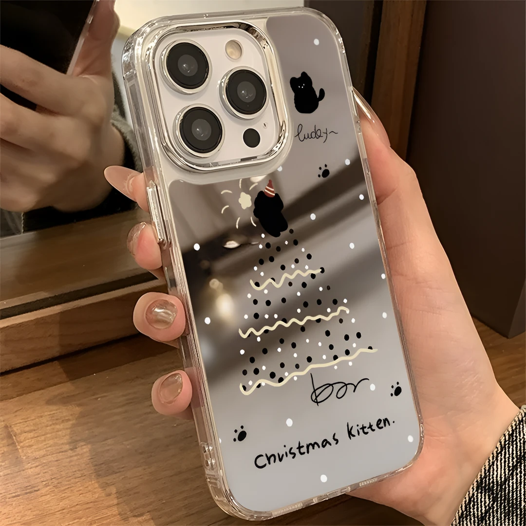 圣诞黑猫iphone15Promax镜面手机外壳14简约适用苹果13高级款12个