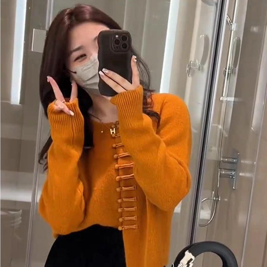 秋冬新款新中式改良盘扣针织衫毛衣开衫外套女时尚百搭显瘦