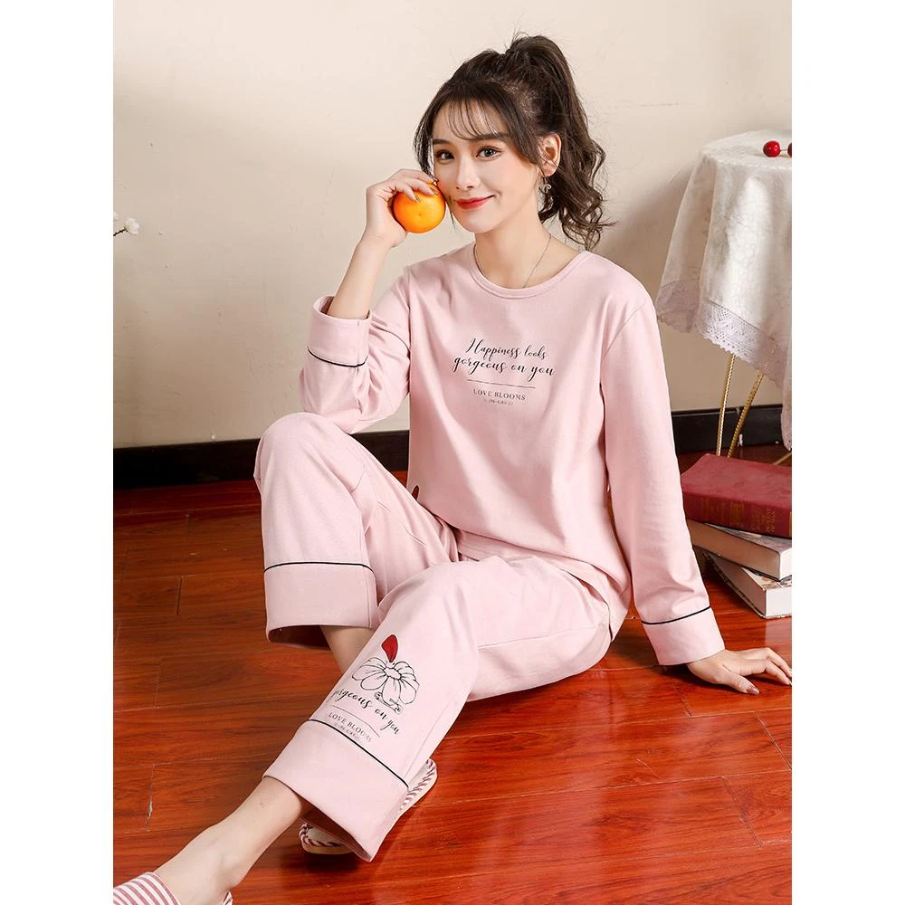 女款睡衣纯棉长袖圆领两件套装春秋款可爱春夏可外穿家居服可外穿