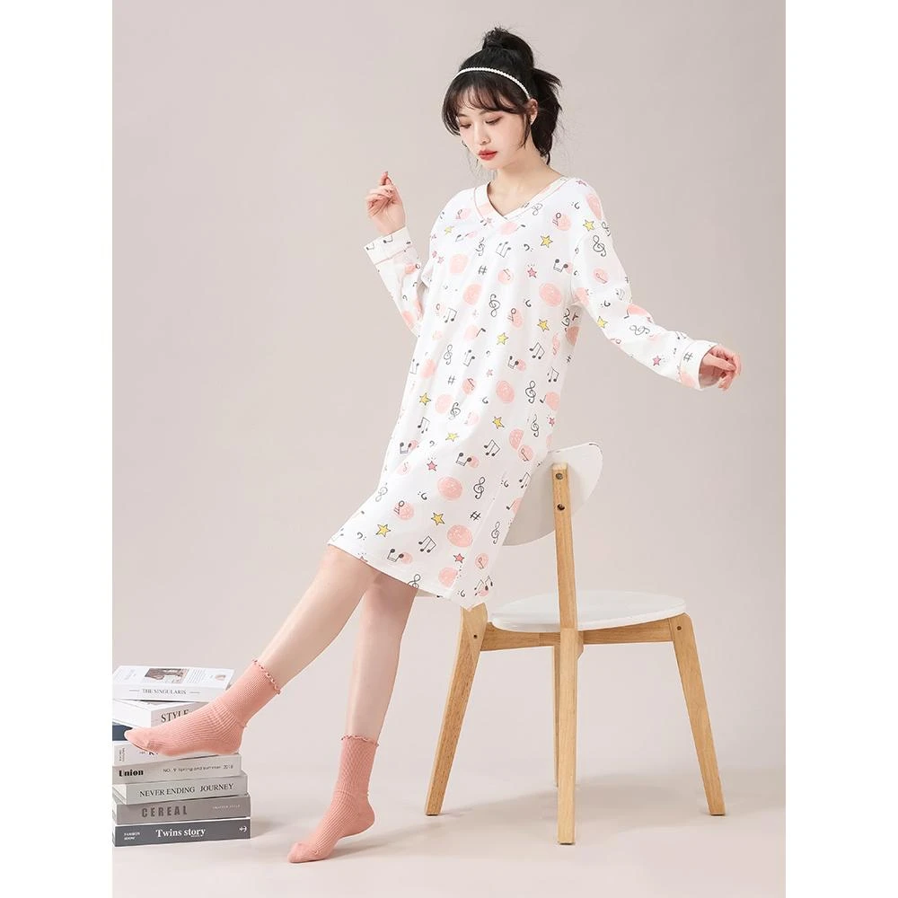 睡裙女春秋款针织纯棉V领 可外穿长袖家居服2025新款英伦风睡衣夏