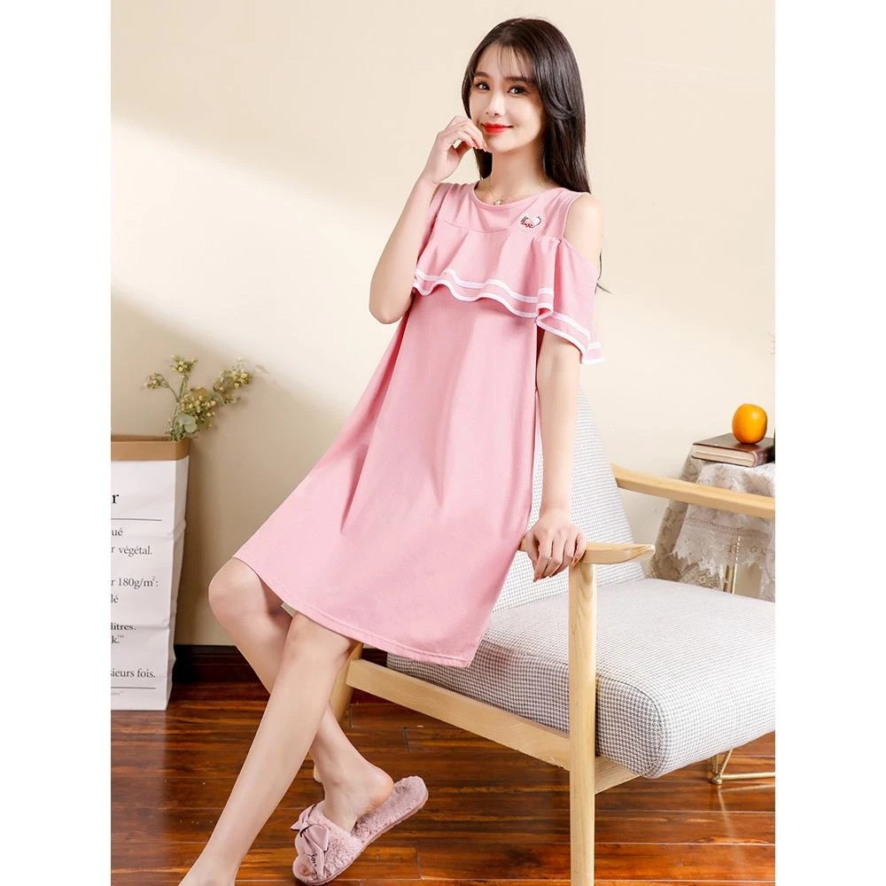 睡裙女夏季2025新款夏天少女可爱针织睡衣防凸点家居服薄款可外穿