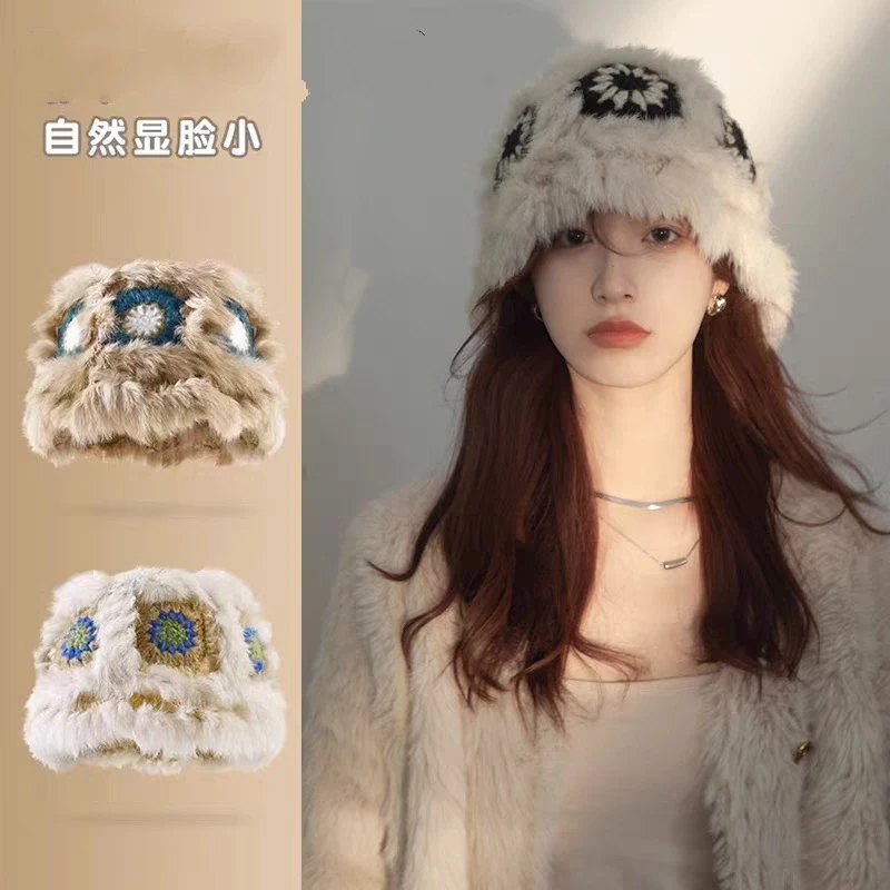 兔绒帽国潮醒狮帽子女秋冬可爱保暖毛绒渔夫帽显脸水桶毛茸茸盆帽