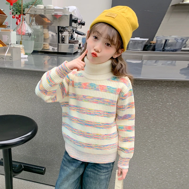 女童一体绒毛衣2023新款高领加绒加厚秋冬季儿童针织打底衫