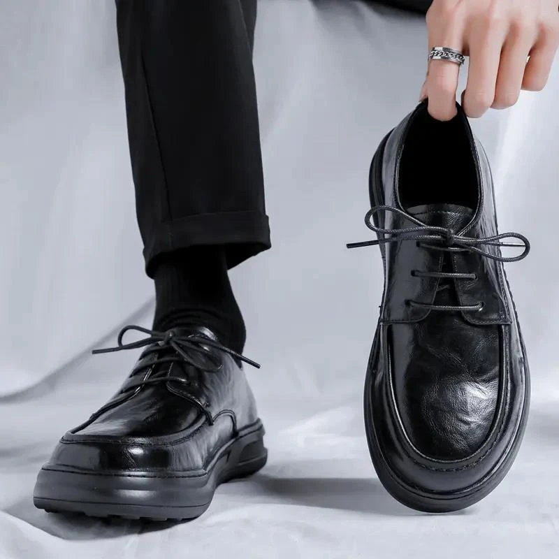 皮鞋男款厚底英伦风真皮黑色大头休闲商务正装结婚新郎西