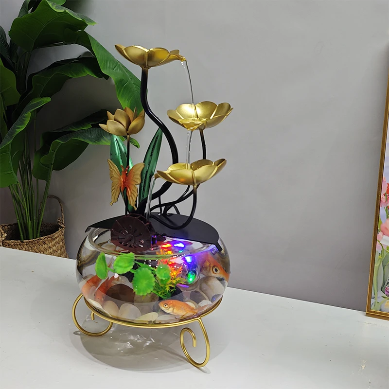 新款黑色招财水车玻璃养鱼缸流水摆件循环水办公室创意铁艺荷花
