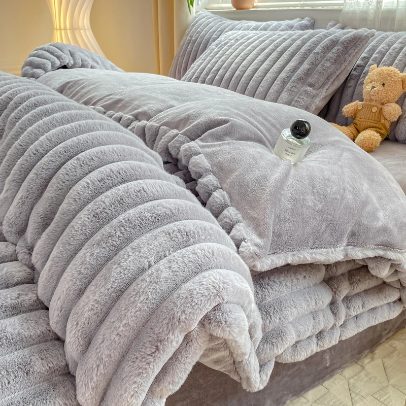 公主风秋冬加厚兔兔绒剪条四件套珊瑚绒双面绒三件套小清新加绒被