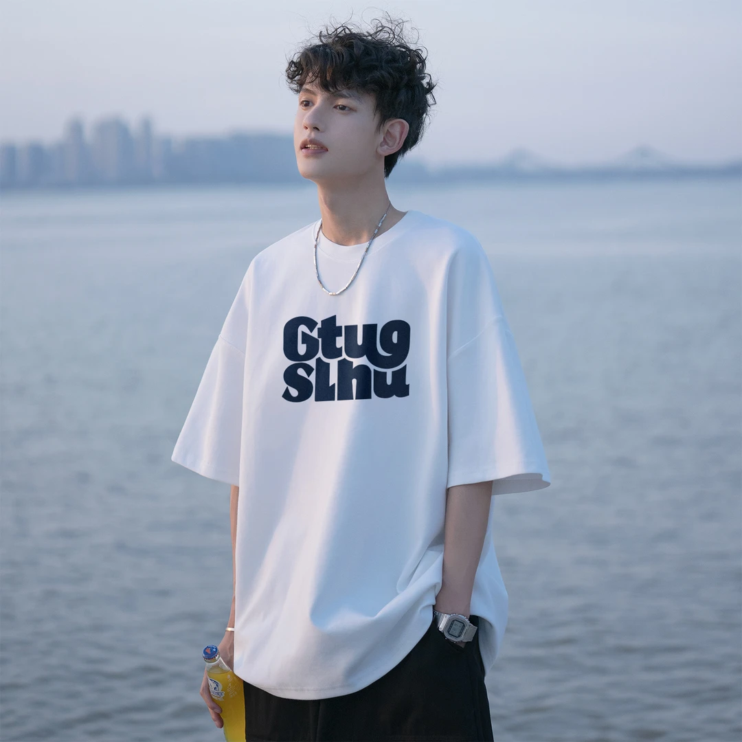 日系t恤男字母港风潮流宽松学生薄款2024夏季青少年五分港风男ins