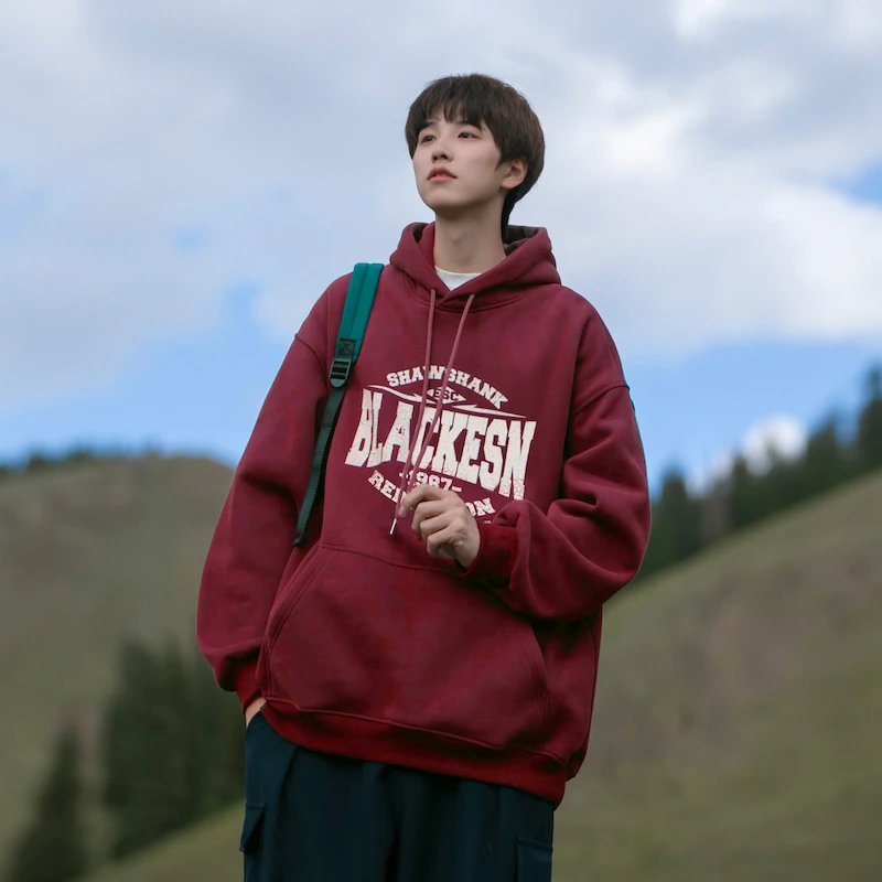 春秋长袖新款帽衫男百搭日系休闲落肩水洗复古外套男潮高级感卫衣