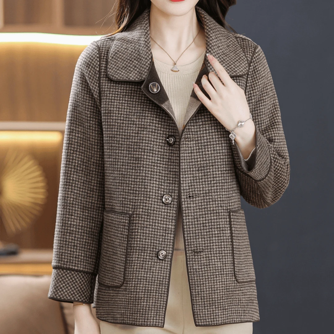 秋款上新【2面2穿】羊毛外套手工缝制羊毛双面大衣女士中老年格子