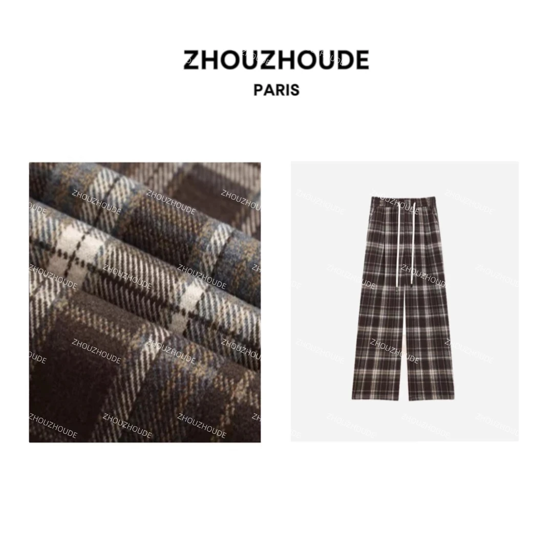 ZHOUZHOUDE【高腰格子常规款】休闲宽松时尚直筒裤