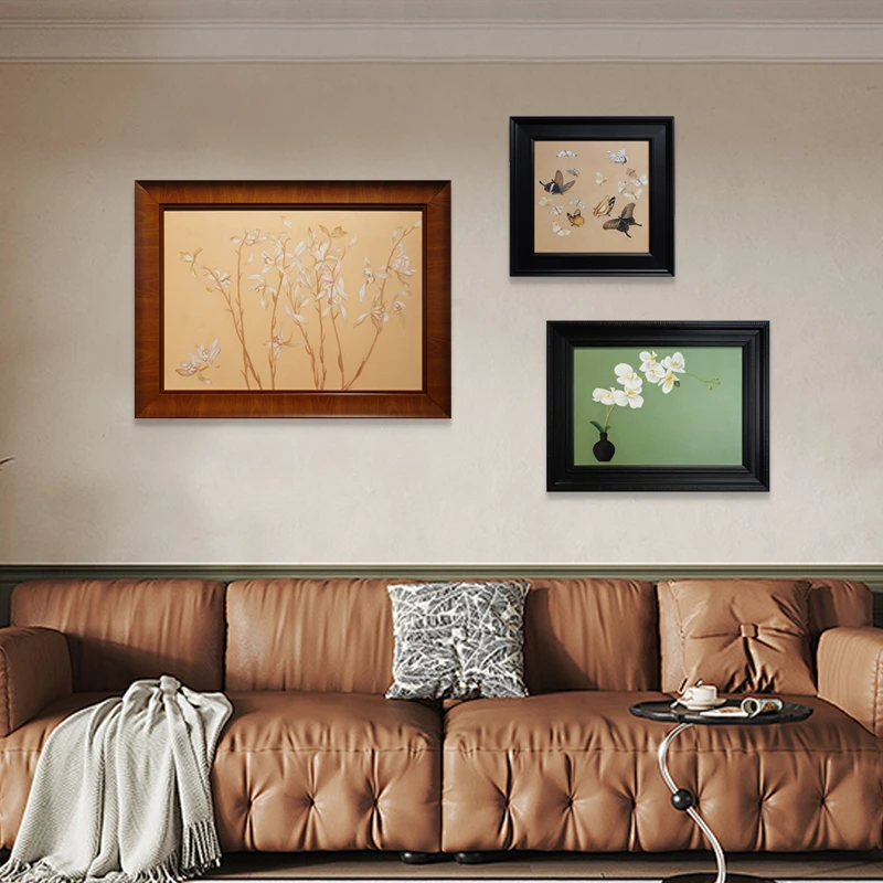 中古风客厅装饰画手工油画法式复古三联挂画美式过道高档组合壁画