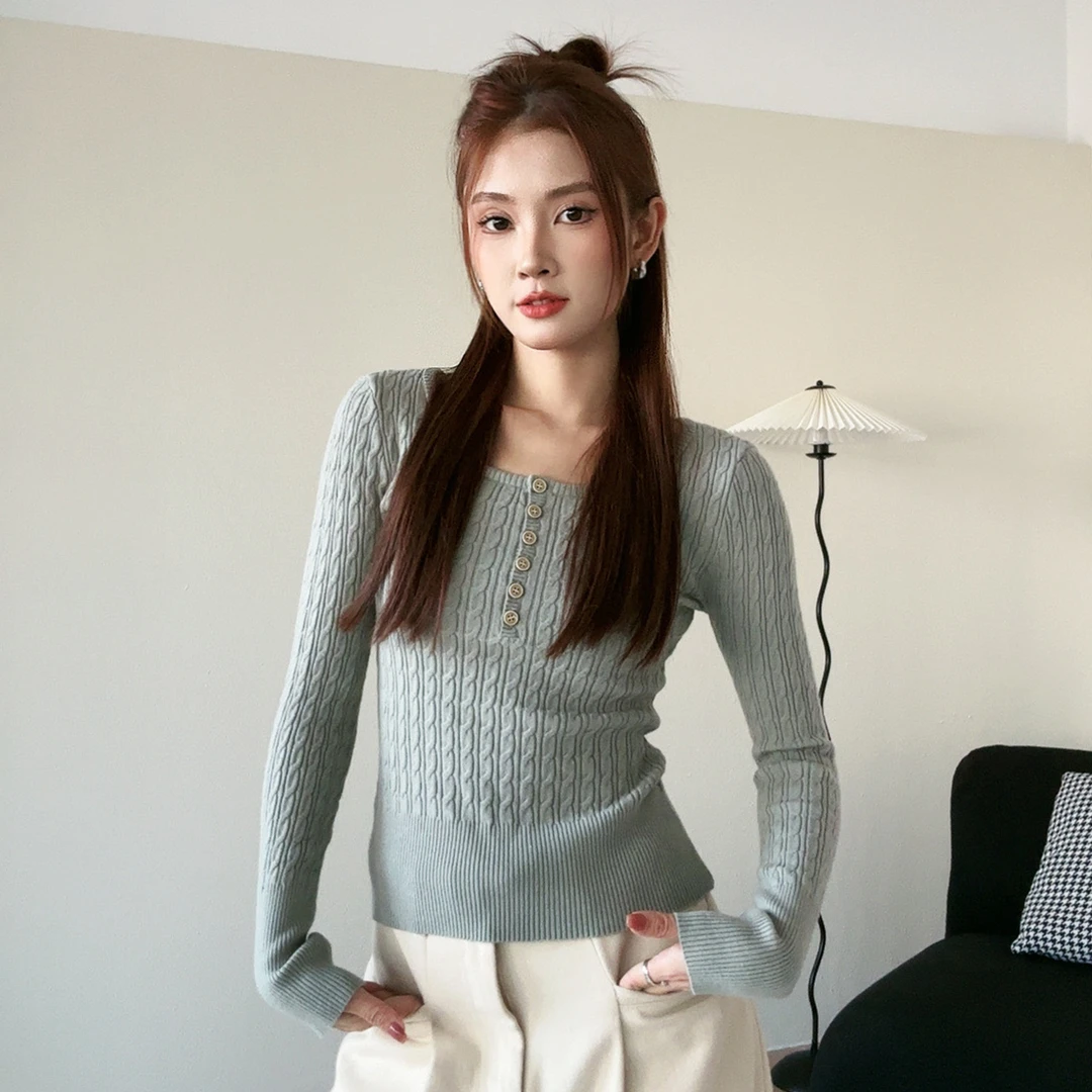 尔给新品长袖针织衫毛衣女装上衣打底衫显瘦短款百搭复古小众修身