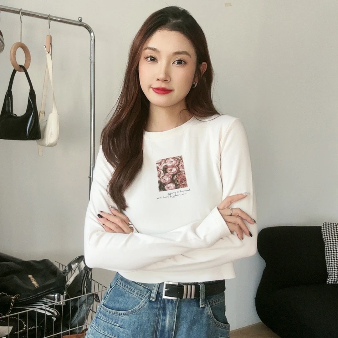 【清货】短款时尚春季韩版秋冬套头春秋长袖杏色百搭印花圆领