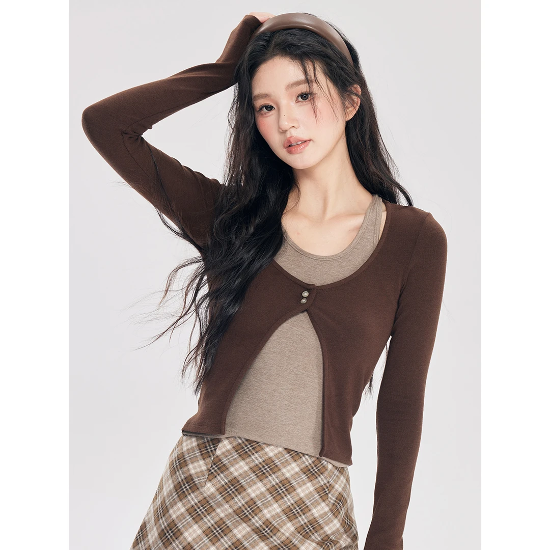 初秋长袖假两件上衣女撞色拼接时尚显瘦