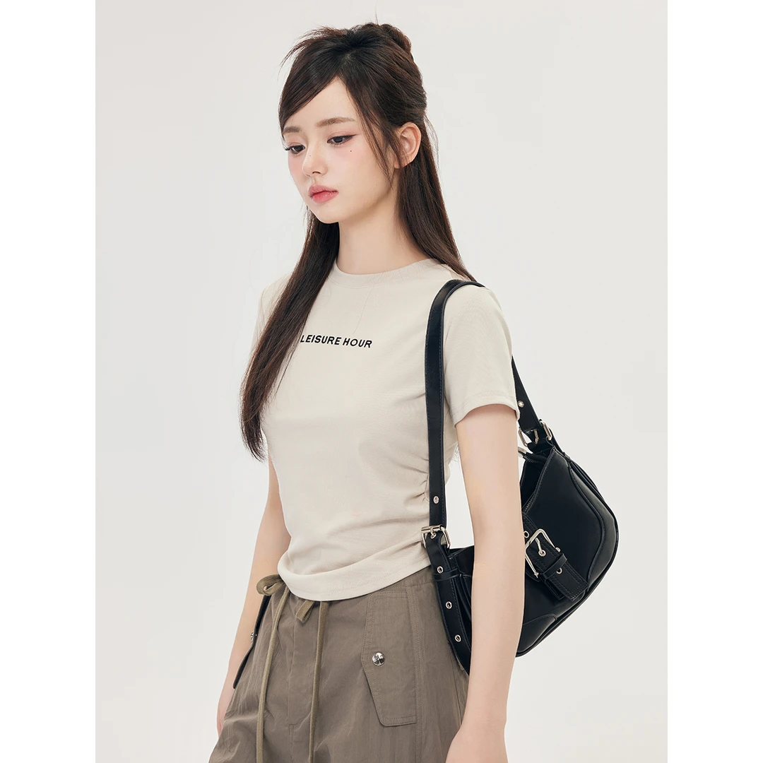 尔给休闲女士夏季修身印花短款时尚百搭打底半袖小众圆领设计感