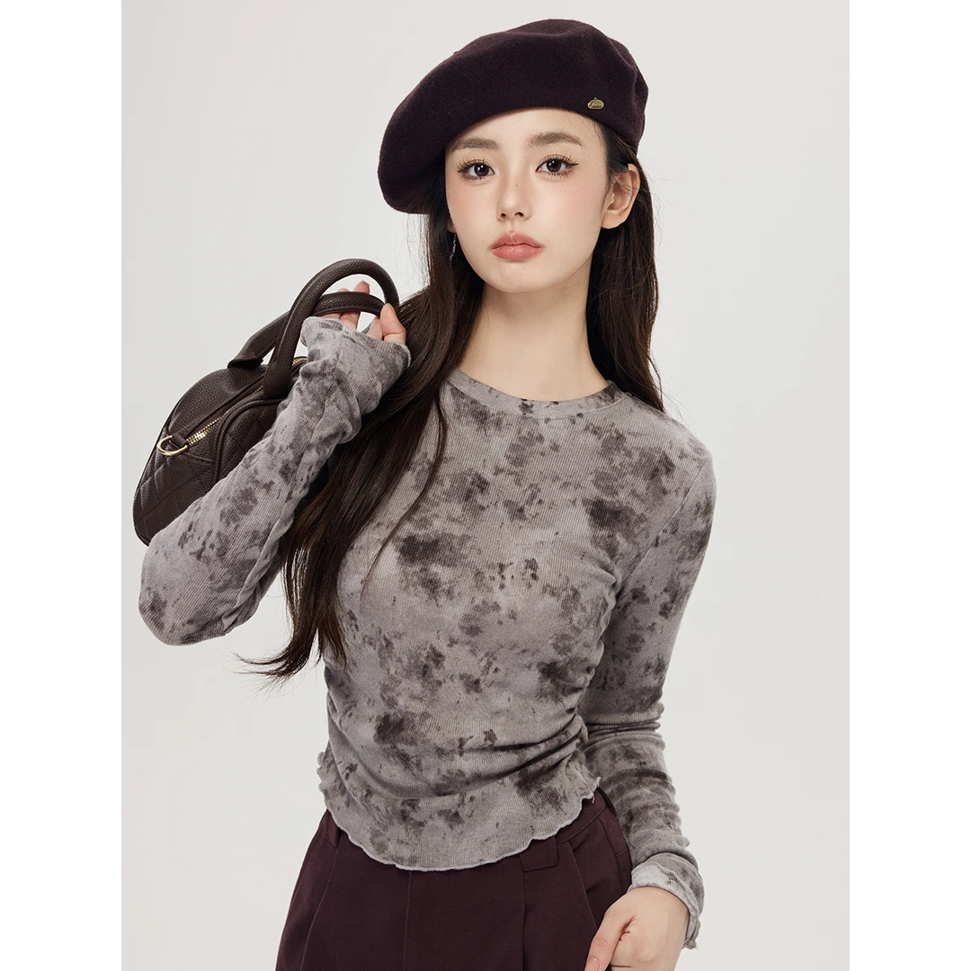 尔给秋季新品扎染灰色长袖T恤显瘦修身复古设计感ins百搭洋气