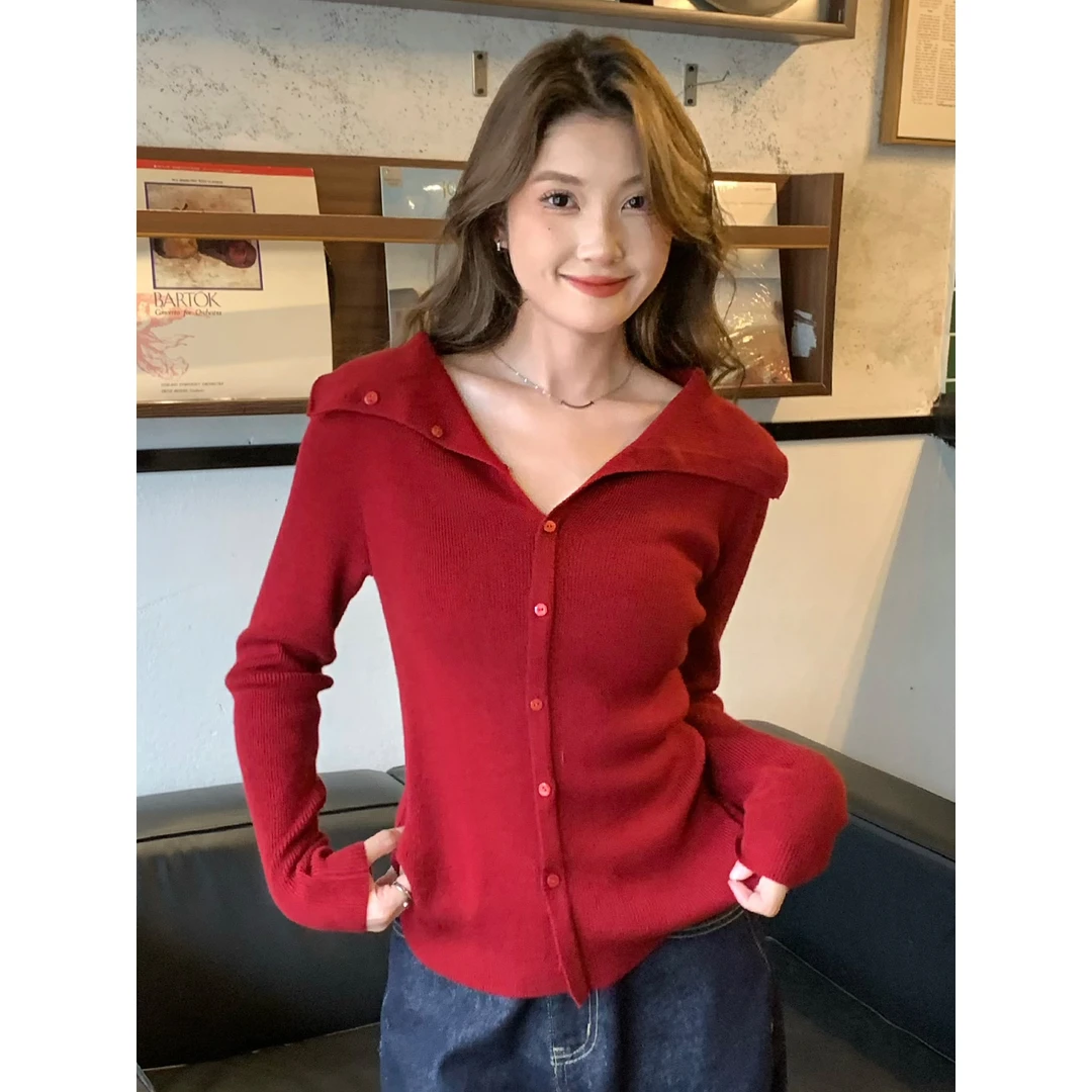 设计感安可拉红针织衫女秋季长袖小个子洋气小众显瘦修身上衣