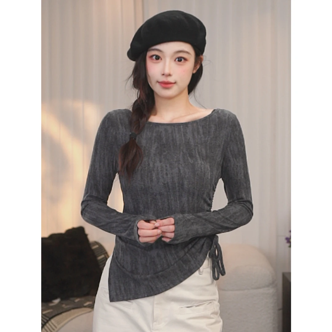 尔给秋季新品扎染T恤长袖打底修身圆领秋冬百搭复古设计师感上衣