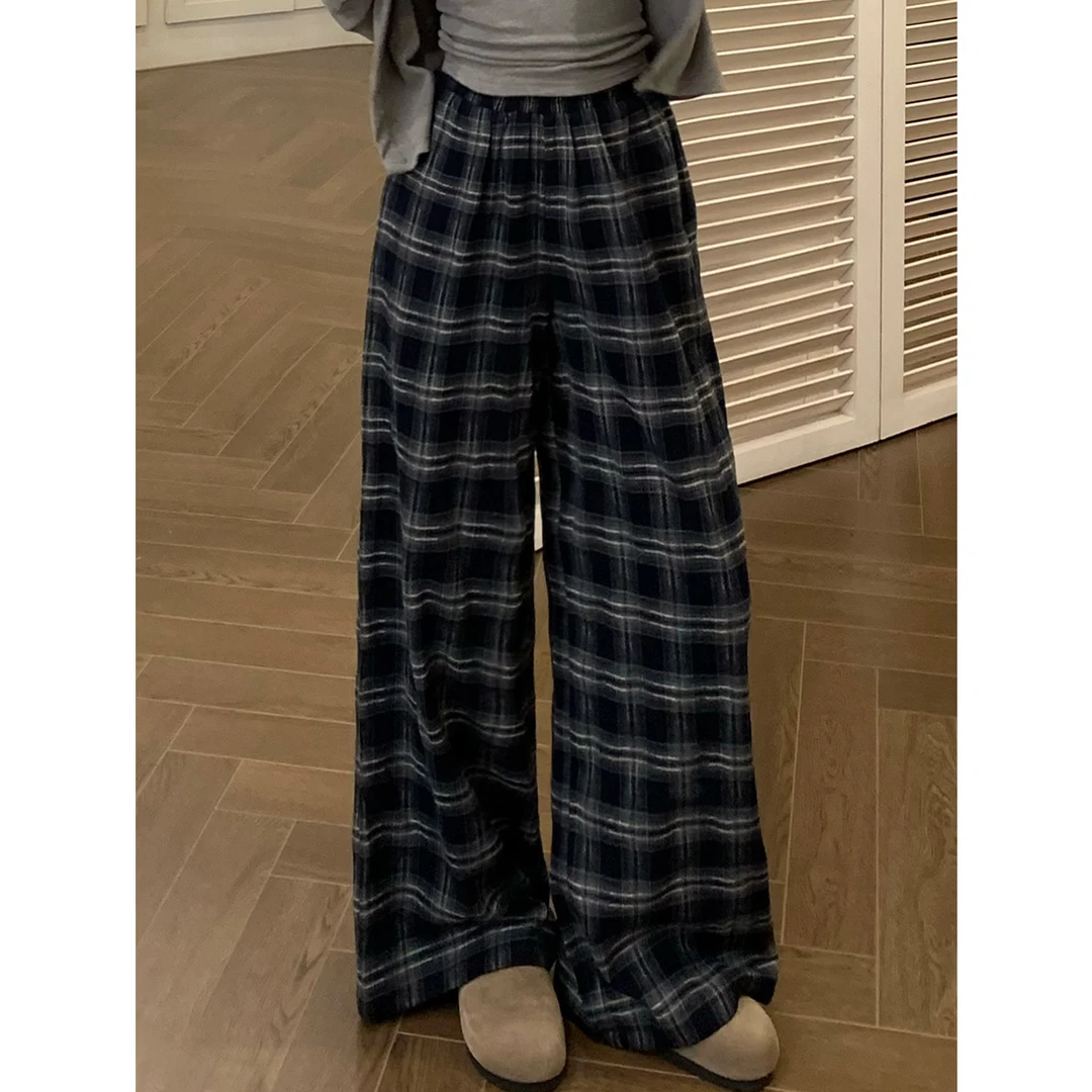 尔给初秋休闲阔腿格子裤女拖地显瘦高腰百搭复古宽松垂感直筒裤