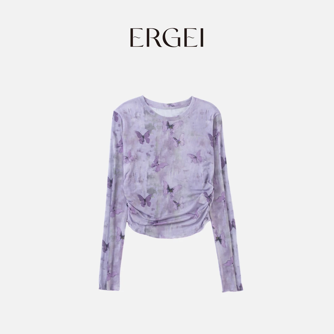 【紫丁香】碎花长袖防晒衫显瘦时尚百搭女士紫色夏季设计师圆领花色