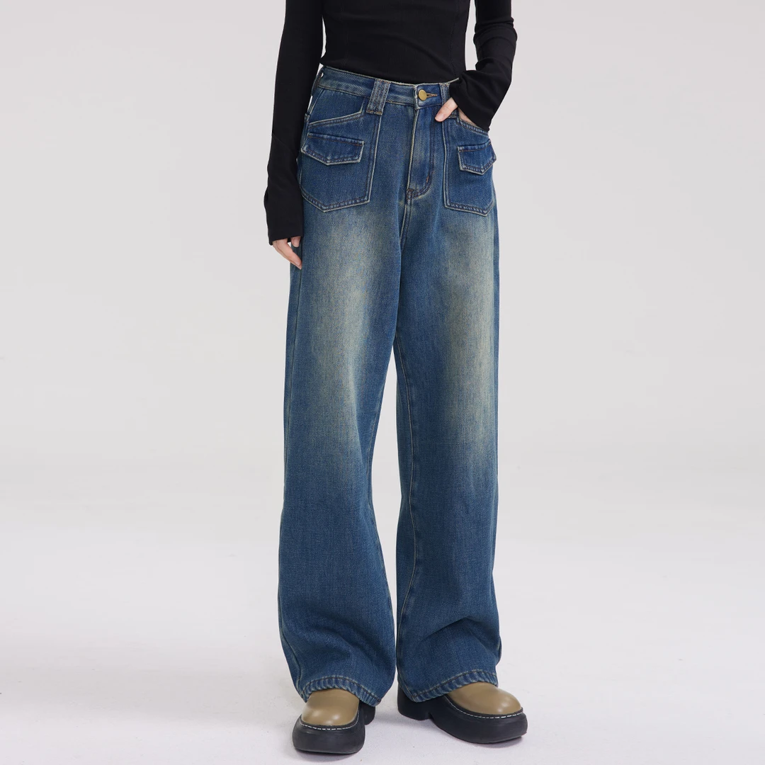 尔给显瘦设计感百搭宽松复古加绒阔腿裤高腰秋冬水洗修容牛仔裤女