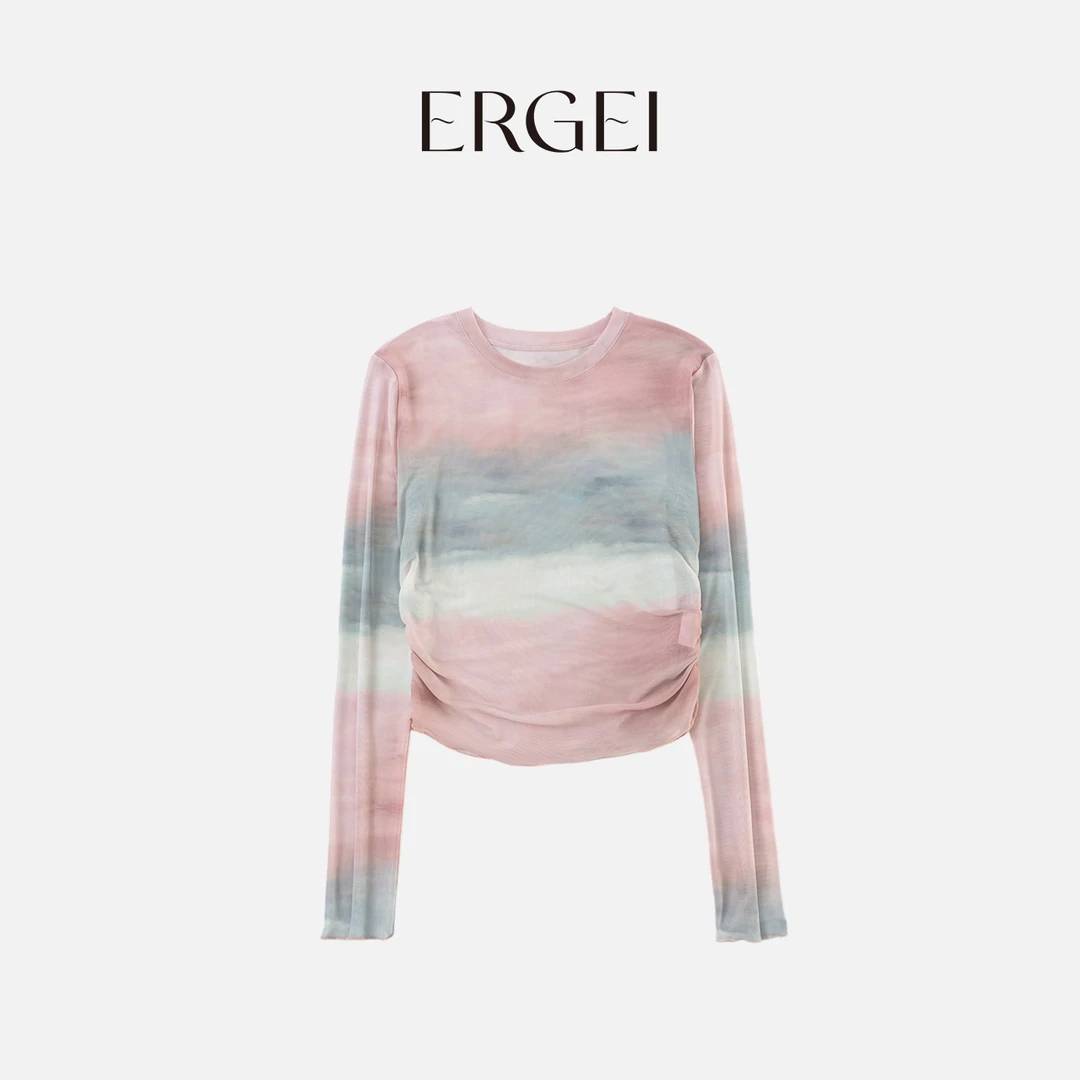 【莫奈花园】渐变扎染打底衫莫奈花园风长袖短款时尚圆领撞色女士