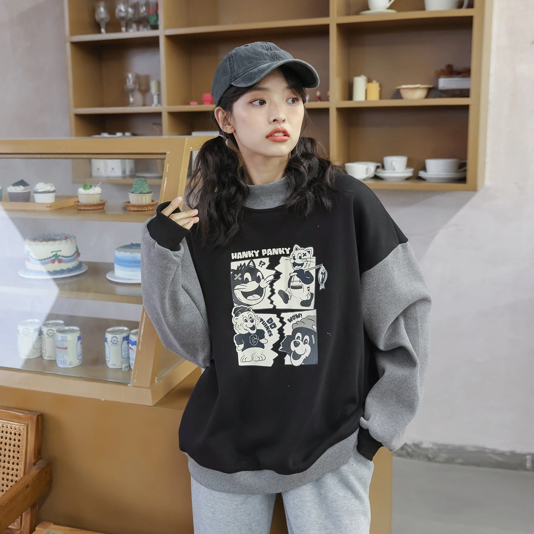 【清货】卫衣上衣宽松加绒假两件印花韩版拼接春秋长袖时尚百搭加厚