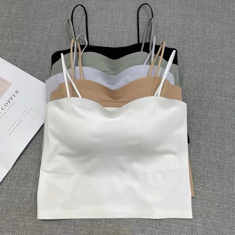 古妃46912白色抹胸女冰丝小吊带背心外穿美背带胸垫防走光打底