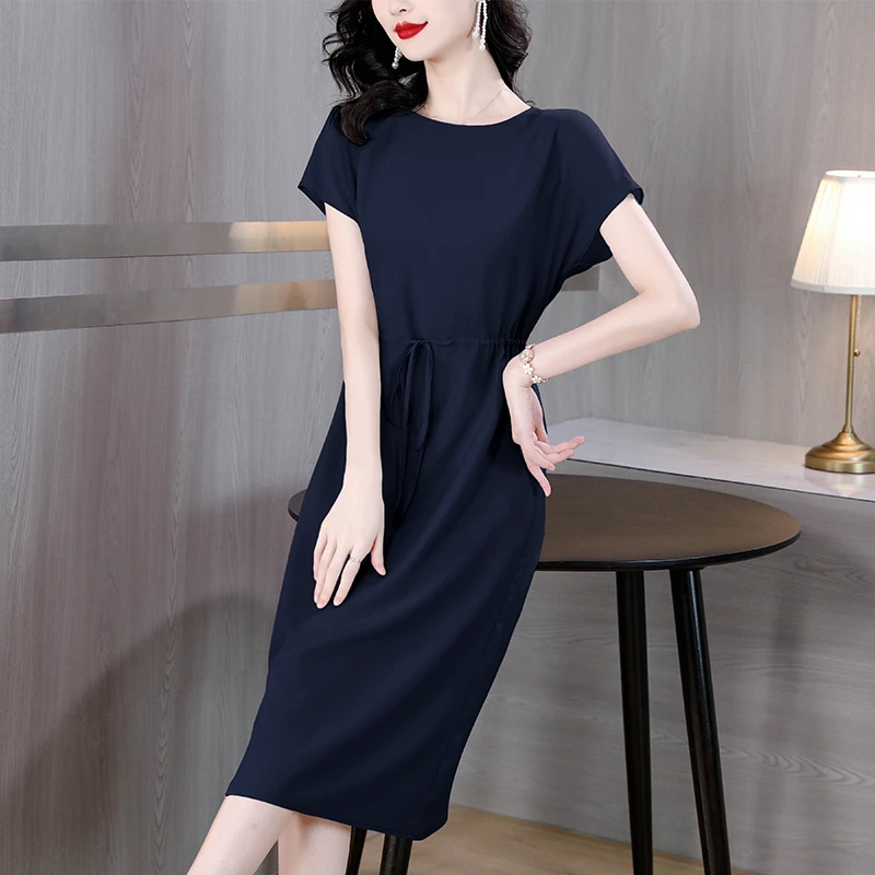 杭州真丝连衣裙女夏季高端桑蚕丝气质收腰显瘦小个子妈妈纯色裙子