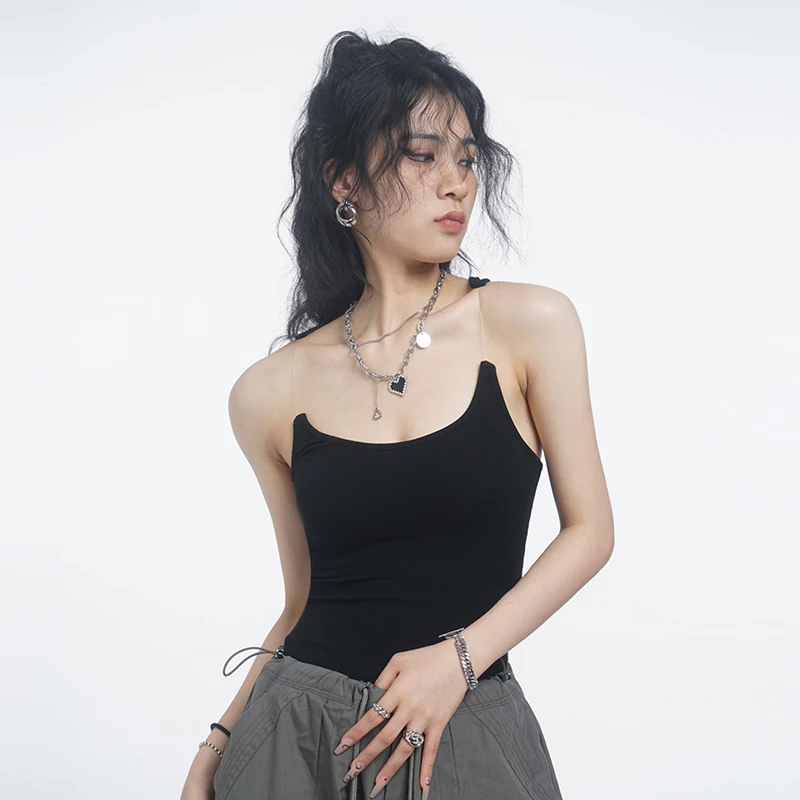 高级感辣妹隐形黑色吊带针织背心女夏透明肩带内搭打底衫无袖上衣