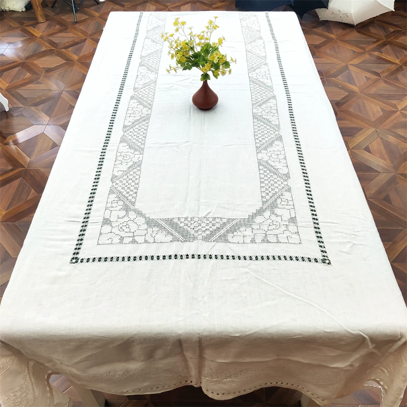 创外汇老货QJ67米色（164*280cm）麻制手工扎目绣床盖 长桌布