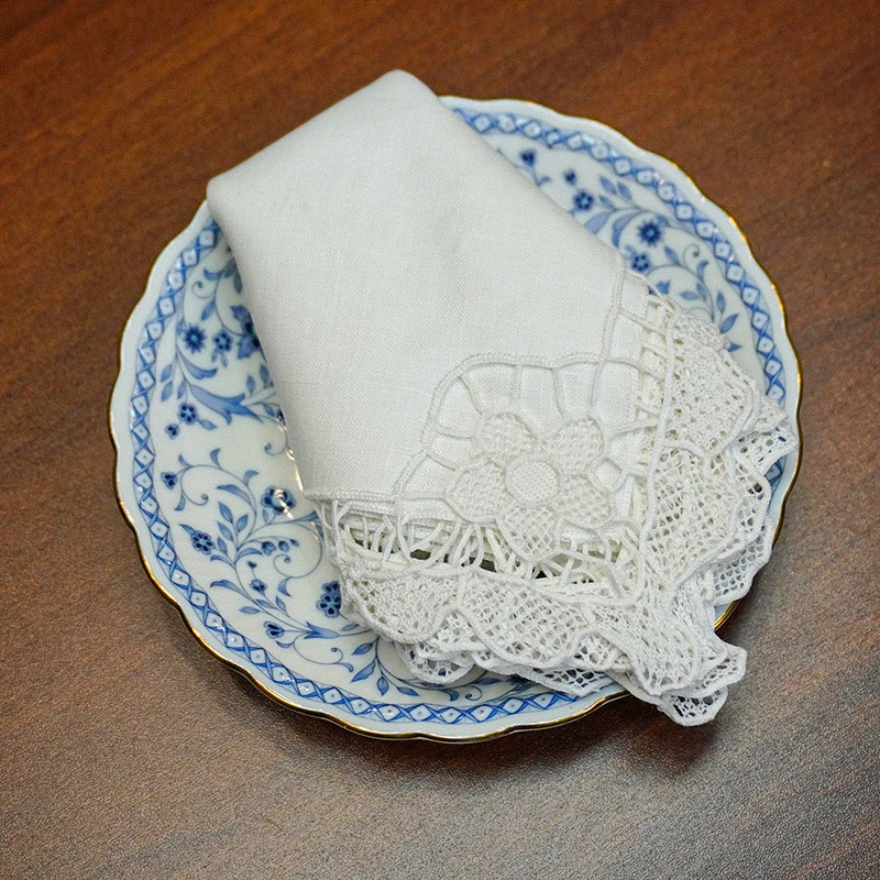 BJ1166纯亚麻（33cm方/4p）白色手工万缕丝花边餐垫