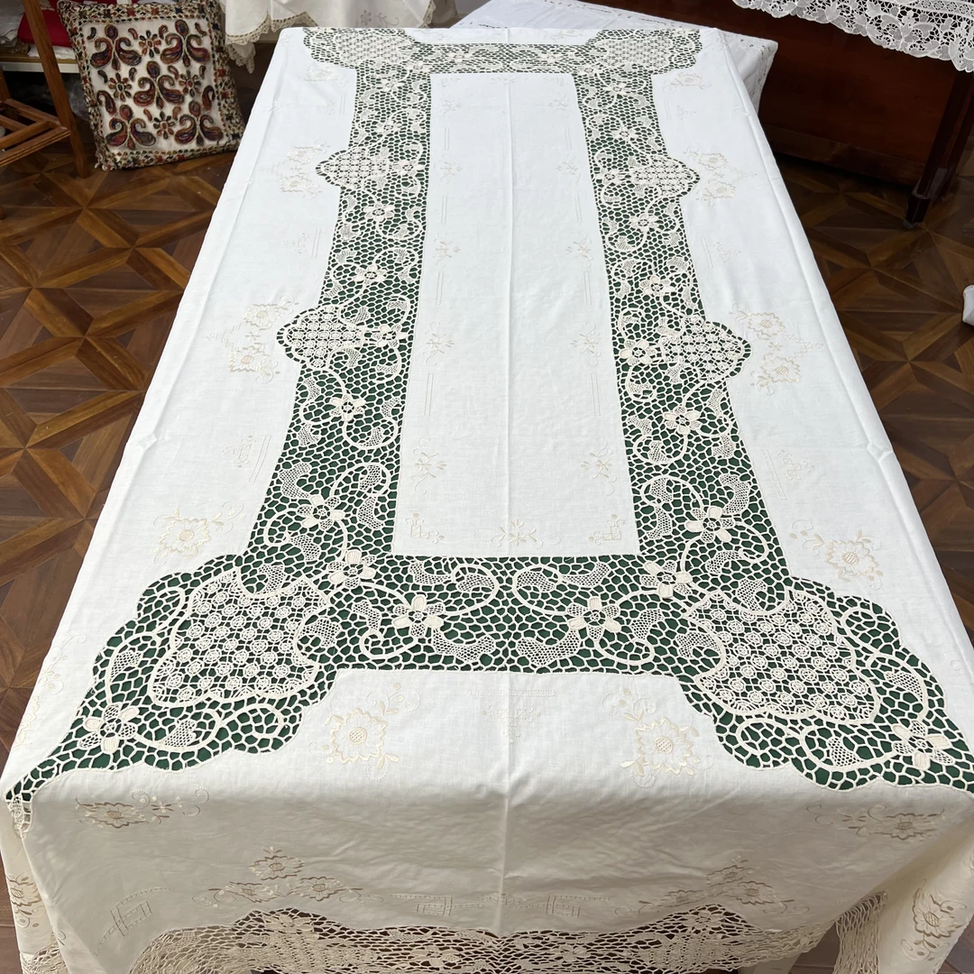2003MSZB棉麻（170*260cm）米色手工即墨花边桌布