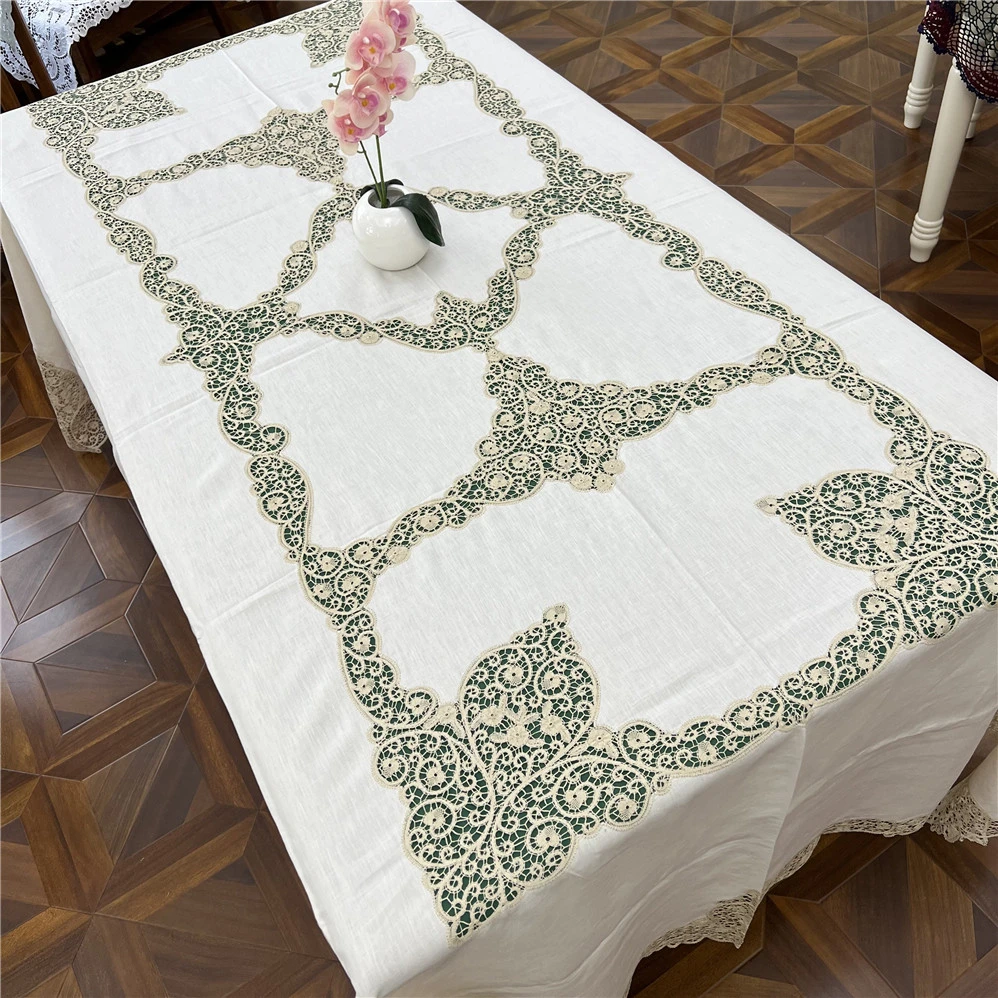 2634纯亚麻（180*280cm）米色手工青州府花边雕平绣长方形桌布