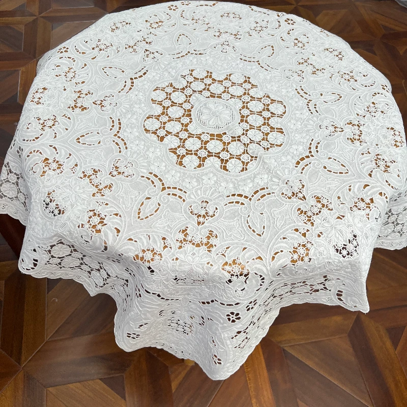 BJ1066纯亚麻（80cm方）白色手工绕绣扎木绣锁绣打籽绣雕平绣桌布