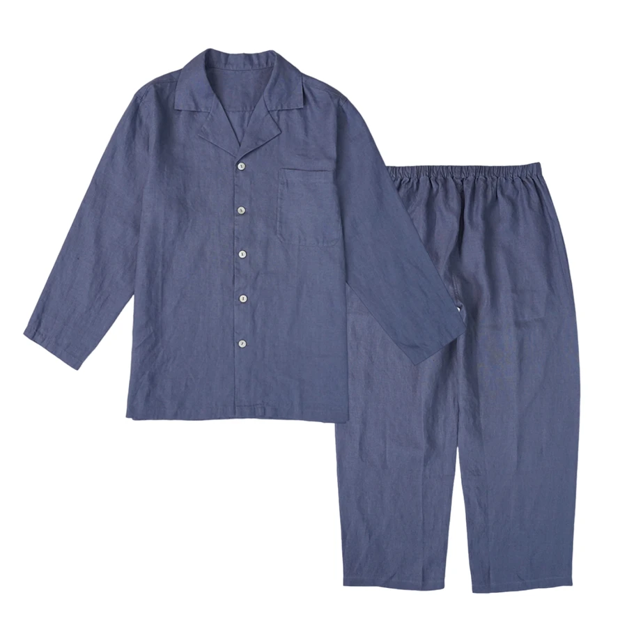 BY002 汉麻蓝色纯色排扣男士睡衣家居服 加长版