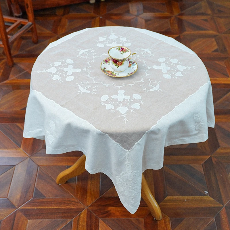 BJ1076玻璃纱（85cm方）白色手工爱尔兰花边影绣桌布