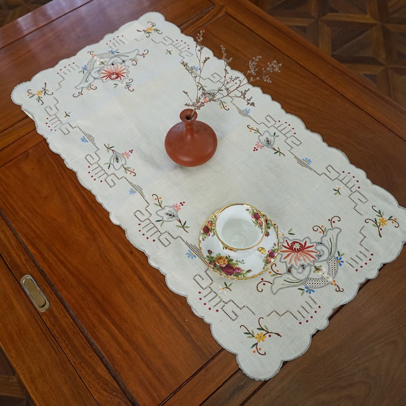 非遗老货BJ871纯亚麻（35*70cm）米色手工扎木绣锁绣垫绣潮绣桌旗