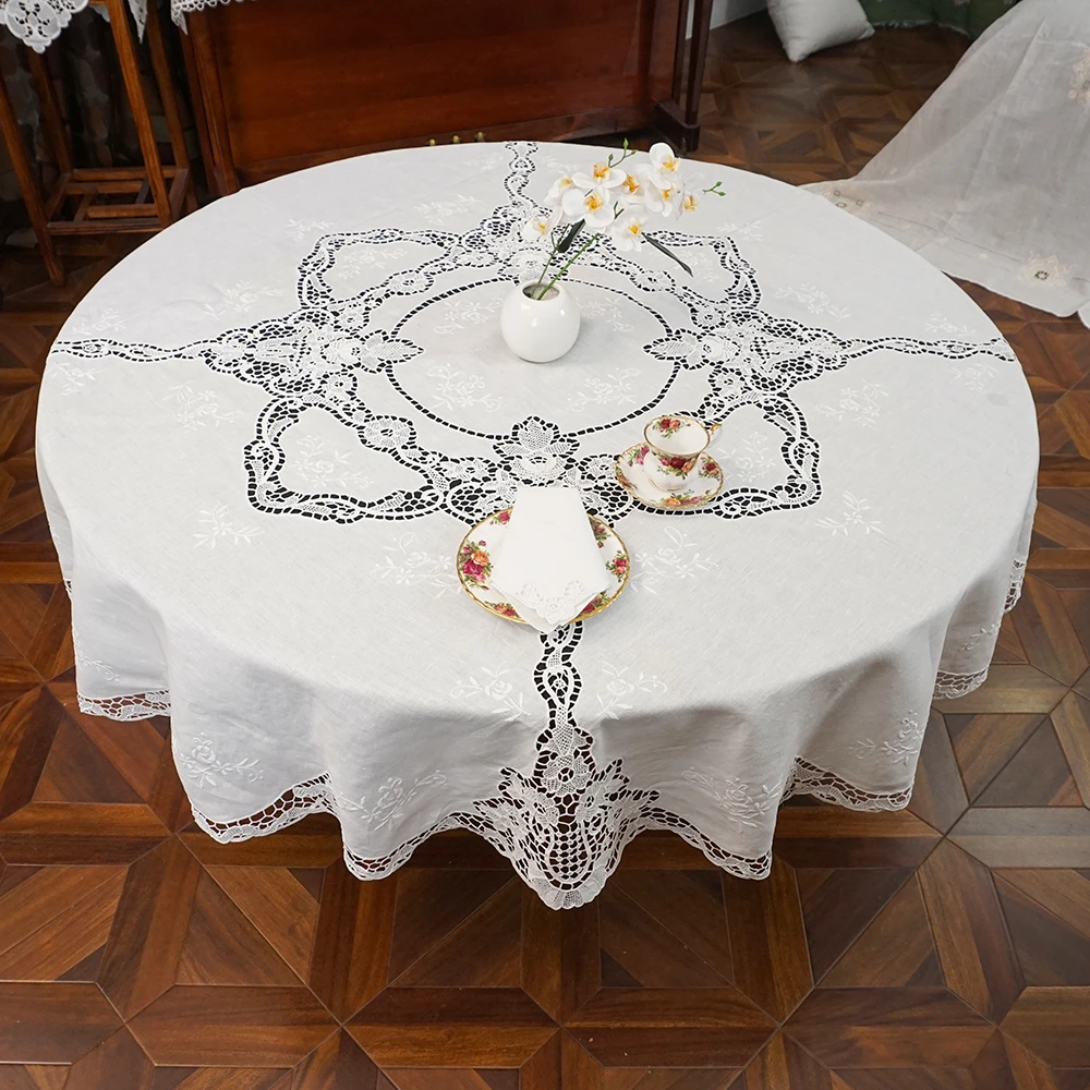 BJ1213纯亚麻（180cm圆/9p）白色手工手拿花边雕平绣桌布