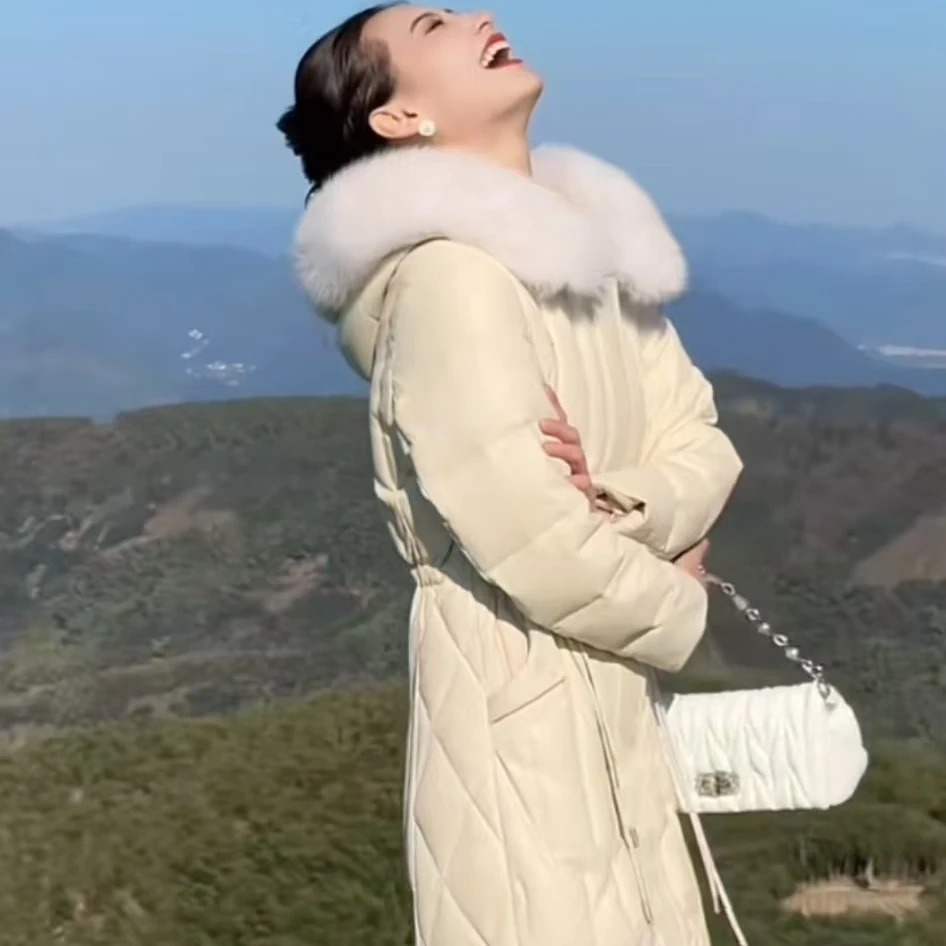 JG5 2024新款时尚潮流女款冬季大毛领收腰连帽女士保暖长款外套