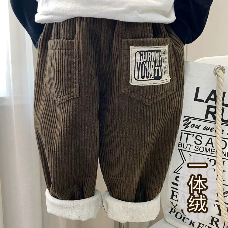 男童冬季加绒灯芯绒裤子2024新款冬款加厚一体儿童休闲男孩洋气潮