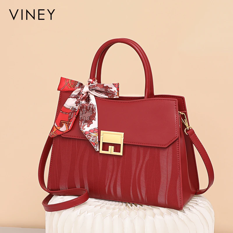 Viney真皮包包女手提包2025新款红色百搭新娘婚包气质单肩斜挎包