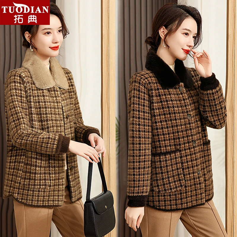 中老年妈妈秋冬装短款水貂绒外套50岁40中年女装带毛领毛呢子大衣