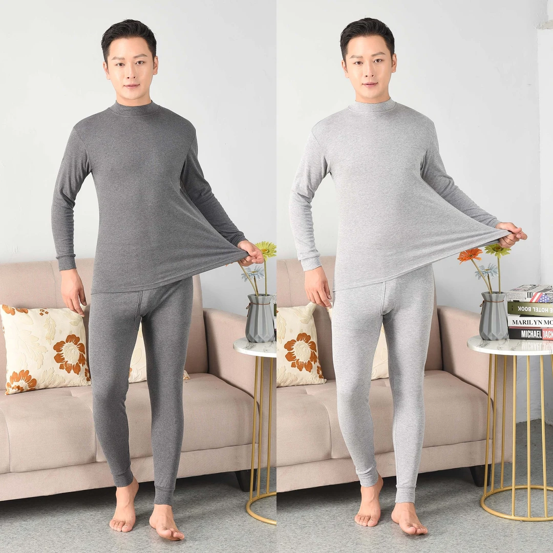 男士圆中领纯棉保暖内衣套装修身加绒加厚秋衣秋裤秋冬大码冬季